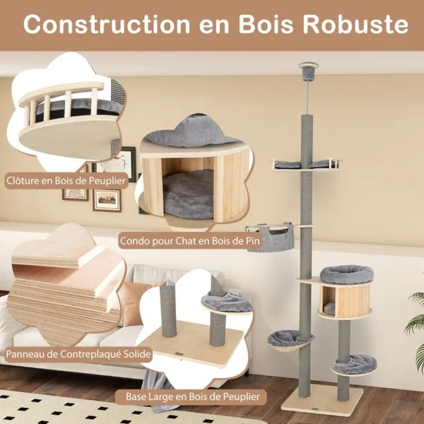 Arbre à Chat à 6 Niveaux Hauteur Réglable de 255 à 280 Cm Tour pour Chat avec Condo Hamac Poteaux à Gratter Tremplin Plate-forme Naturel