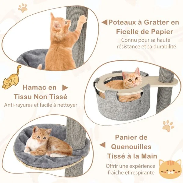 Arbre à Chat à 6 Niveaux Hauteur Réglable de 255 à 280 Cm Tour pour Chat avec Condo Hamac Poteaux à Gratter Tremplin Plate-forme Naturel