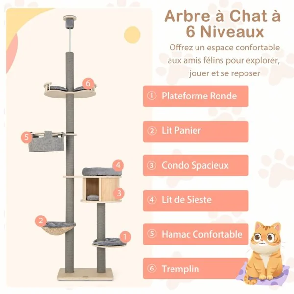Arbre à Chat à 6 Niveaux Hauteur Réglable de 255 à 280 Cm Tour pour Chat avec Condo Hamac Poteaux à Gratter Tremplin Plate-forme Naturel