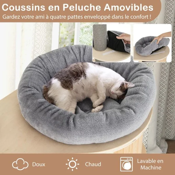 Arbre à Chat à 6 Niveaux Hauteur Réglable de 255 à 280 Cm Tour pour Chat avec Condo Hamac Poteaux à Gratter Tremplin Plate-forme Naturel