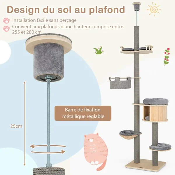 Arbre à Chat à 6 Niveaux Hauteur Réglable de 255 à 280 Cm Tour pour Chat avec Condo Hamac Poteaux à Gratter Tremplin Plate-forme Naturel