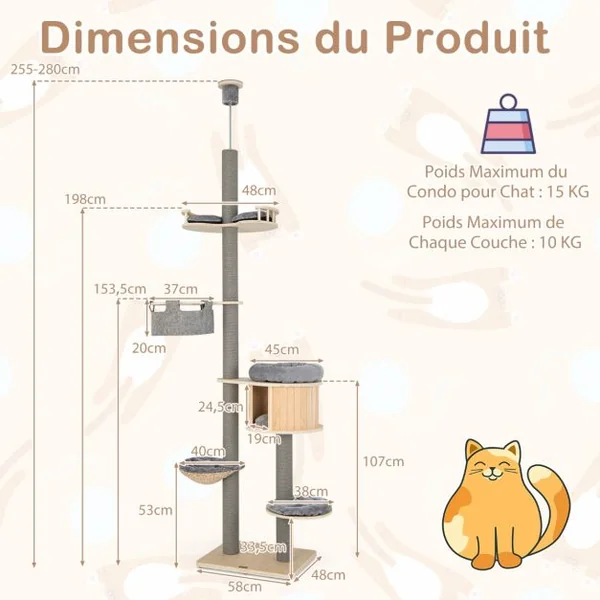 Arbre à Chat à 6 Niveaux Hauteur Réglable de 255 à 280 Cm Tour pour Chat avec Condo Hamac Poteaux à Gratter Tremplin Plate-forme Naturel