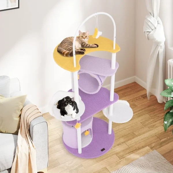 Arbre à Chat à Plusieurs Niveaux Tour pour Chat de 158 cm Cadre en Métal Perchoir Surdimensionné Plateformes de Saut Violet