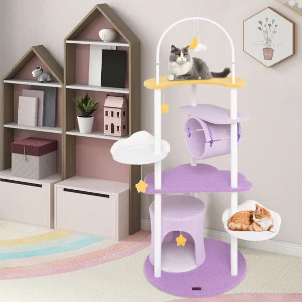 Arbre à Chat à Plusieurs Niveaux Tour pour Chat de 158 cm Cadre en Métal Perchoir Surdimensionné Plateformes de Saut Violet