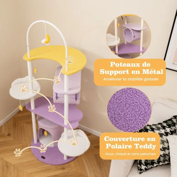 Arbre à Chat à Plusieurs Niveaux Tour pour Chat de 158 cm Cadre en Métal Perchoir Surdimensionné Plateformes de Saut Violet