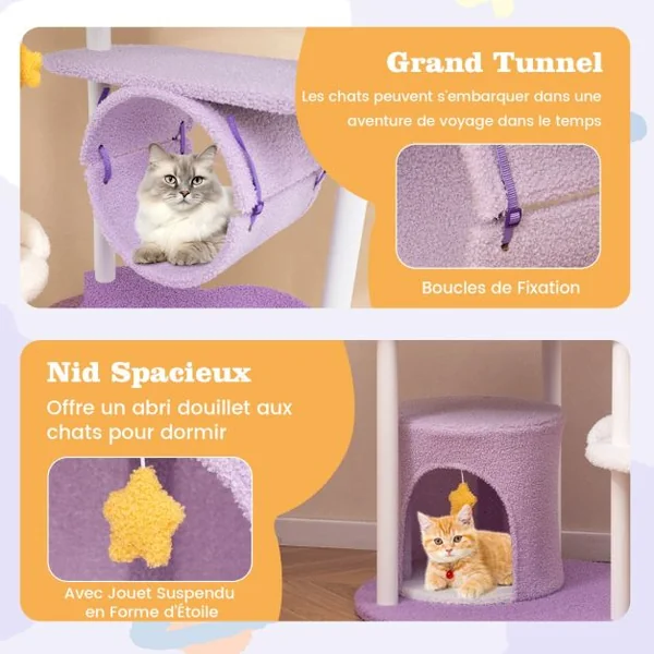 Arbre à Chat à Plusieurs Niveaux Tour pour Chat de 158 cm Cadre en Métal Perchoir Surdimensionné Plateformes de Saut Violet