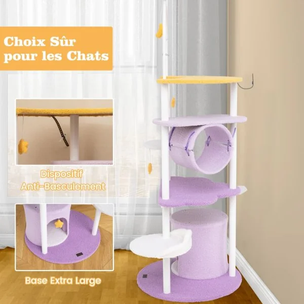 Arbre à Chat à Plusieurs Niveaux Tour pour Chat de 158 cm Cadre en Métal Perchoir Surdimensionné Plateformes de Saut Violet