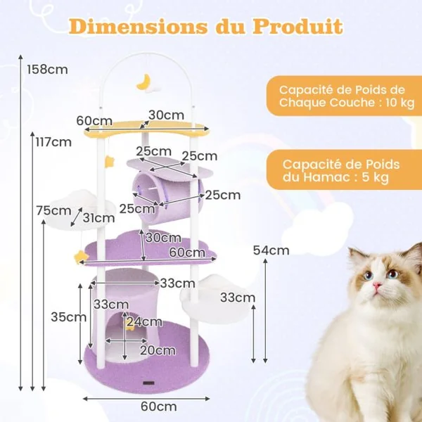 Arbre à Chat à Plusieurs Niveaux Tour pour Chat de 158 cm Cadre en Métal Perchoir Surdimensionné Plateformes de Saut Violet