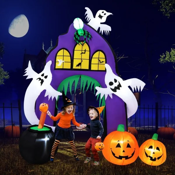 Arche de Château Gonflable d'Halloween de 280 cm de Haut avec Araignée Fantômes Citrouilles Chaudron