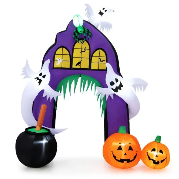 Arche de Château Gonflable d'Halloween de 280 cm de Haut avec Araignée Fantômes Citrouilles Chaudron