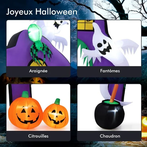 Arche de Château Gonflable d'Halloween de 280 cm de Haut avec Araignée Fantômes Citrouilles Chaudron