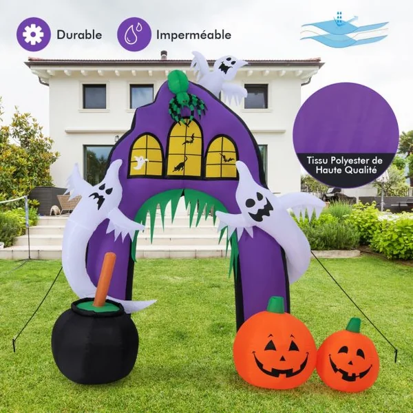Arche de Château Gonflable d'Halloween de 280 cm de Haut avec Araignée Fantômes Citrouilles Chaudron