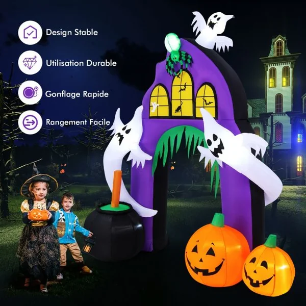 Arche de Château Gonflable d'Halloween de 280 cm de Haut avec Araignée Fantômes Citrouilles Chaudron
