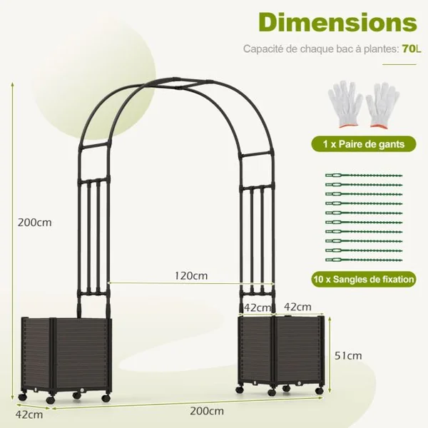 Arche de Jardin avec 2 Bacs Jardinière et Treillis Pergola avec Tubes Métalliques Système d'Auto-Arrosage et Roues Verrouillables Noir