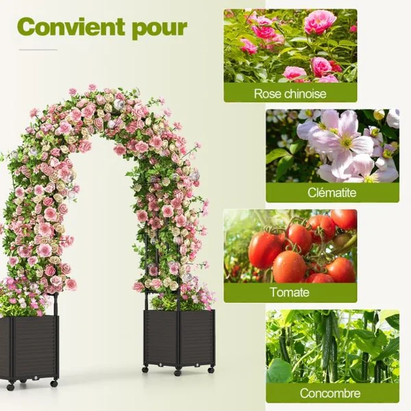 Arche de Jardin avec 2 Bacs Jardinière et Treillis Pergola avec Tubes Métalliques Système d'Auto-Arrosage et Roues Verrouillables Noir
