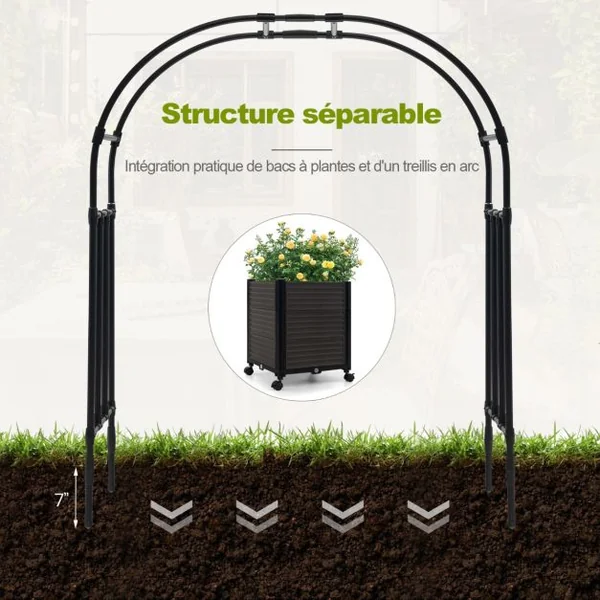 Arche de Jardin avec 2 Bacs Jardinière et Treillis Pergola avec Tubes Métalliques Système d'Auto-Arrosage et Roues Verrouillables Noir