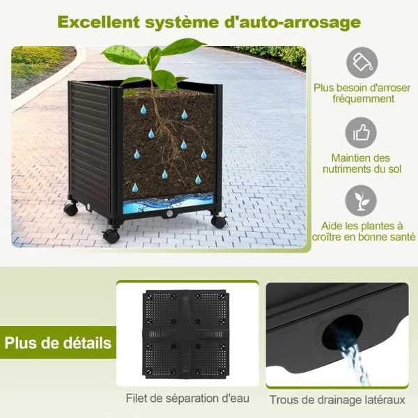 Arche de Jardin avec 2 Bacs Jardinière et Treillis Pergola avec Tubes Métalliques Système d'Auto-Arrosage et Roues Verrouillables Noir