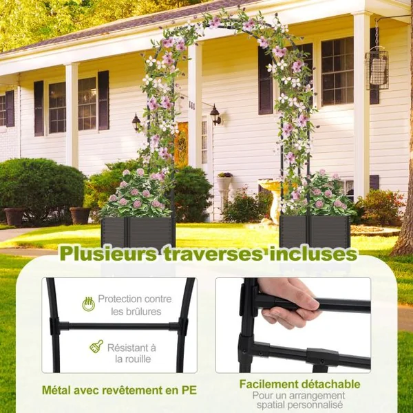 Arche de Jardin avec 2 Bacs Jardinière et Treillis Pergola avec Tubes Métalliques Système d'Auto-Arrosage et Roues Verrouillables Noir