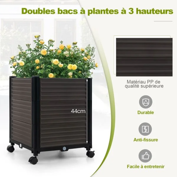 Arche de Jardin avec 2 Bacs Jardinière et Treillis Pergola avec Tubes Métalliques Système d'Auto-Arrosage et Roues Verrouillables Noir