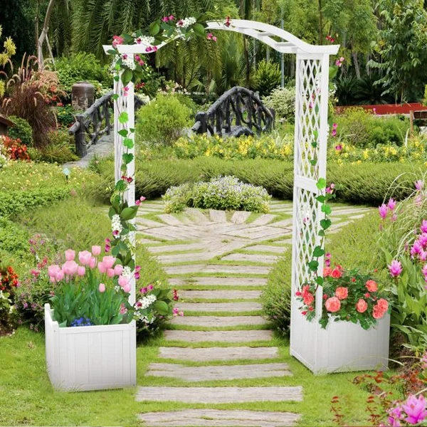 Arche de Jardin avec Jardinière en Bois avec Treillis Pergola Extérieur pour Plantes Grimpantes Légumes Décoration Blanc