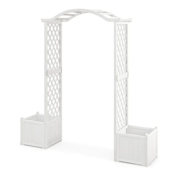 Arche de Jardin avec Jardinière en Bois avec Treillis Pergola Extérieur pour Plantes Grimpantes Légumes Décoration Blanc