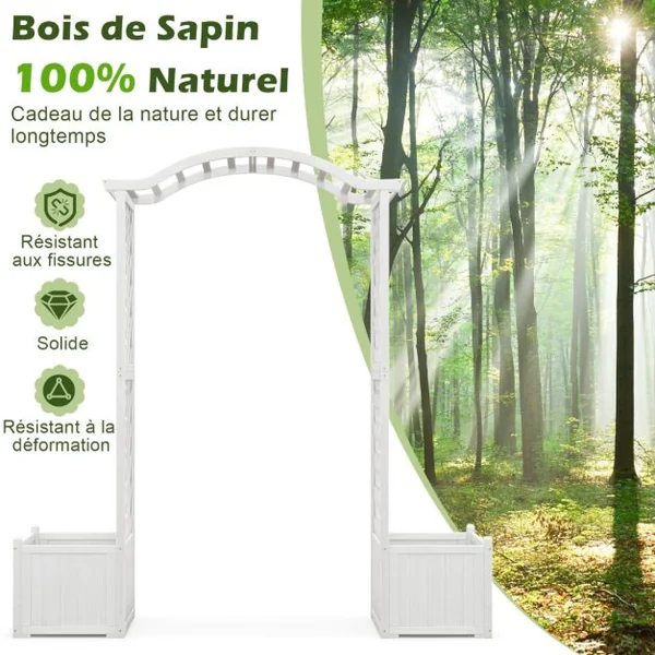 Arche de Jardin avec Jardinière en Bois avec Treillis Pergola Extérieur pour Plantes Grimpantes Légumes Décoration Blanc