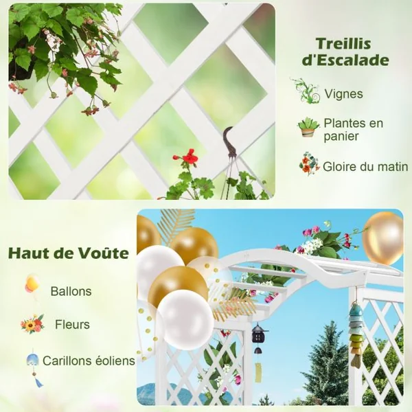 Arche de Jardin avec Jardinière en Bois avec Treillis Pergola Extérieur pour Plantes Grimpantes Légumes Décoration Blanc