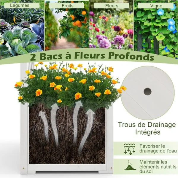 Arche de Jardin avec Jardinière en Bois avec Treillis Pergola Extérieur pour Plantes Grimpantes Légumes Décoration Blanc