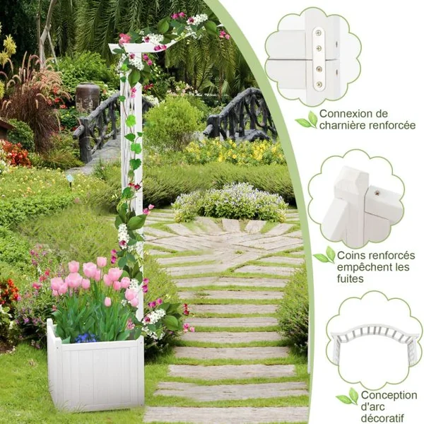Arche de Jardin avec Jardinière en Bois avec Treillis Pergola Extérieur pour Plantes Grimpantes Légumes Décoration Blanc