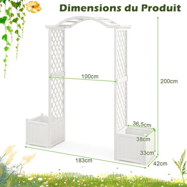 Arche de Jardin avec Jardinière en Bois avec Treillis Pergola Extérieur pour Plantes Grimpantes Légumes Décoration Blanc