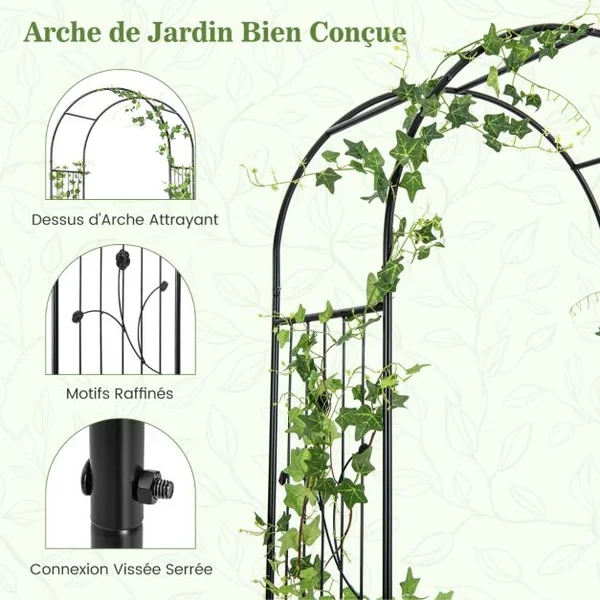 Arche de Jardin de 220 cm avec 2 Bacs Jardinière et Treillis Pergola pour Plantes Grimpantes avec Tubes Métalliques Portail Verrouillable Noir