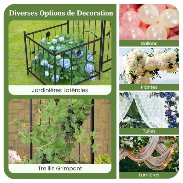 Arche de Jardin de 220 cm avec 2 Bacs Jardinière et Treillis Pergola pour Plantes Grimpantes avec Tubes Métalliques Portail Verrouillable Noir