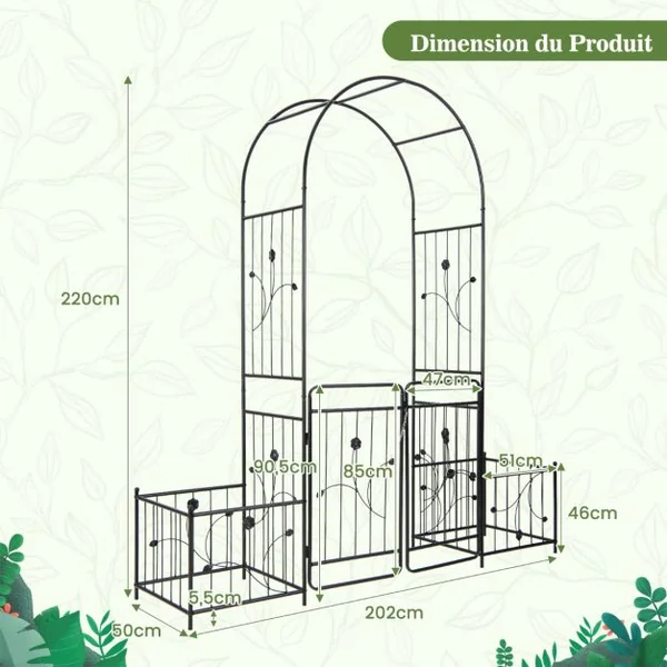Arche de Jardin de 220 cm avec 2 Bacs Jardinière et Treillis Pergola pour Plantes Grimpantes avec Tubes Métalliques Portail Verrouillable Noir