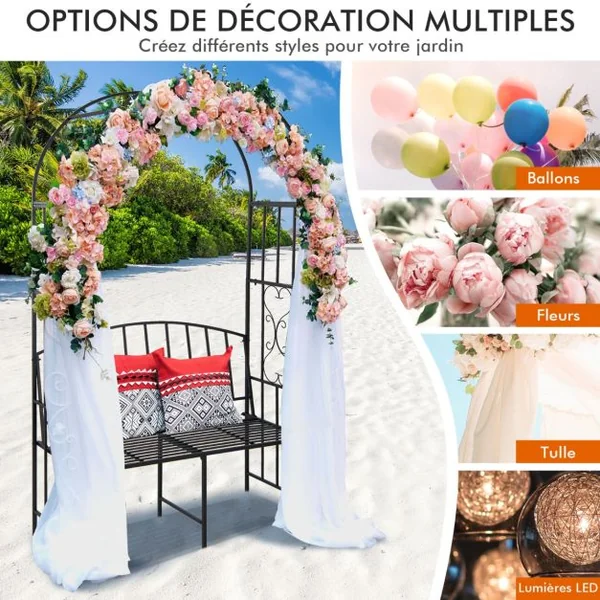 Arche de Jardin en Métal Banc 2 Places pour Plantes Grimpantes Décoration de Fête Tonnelle de Jardin Charge 300 KG