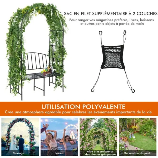 Arche de Jardin en Métal Banc 2 Places pour Plantes Grimpantes Décoration de Fête Tonnelle de Jardin Charge 300 KG