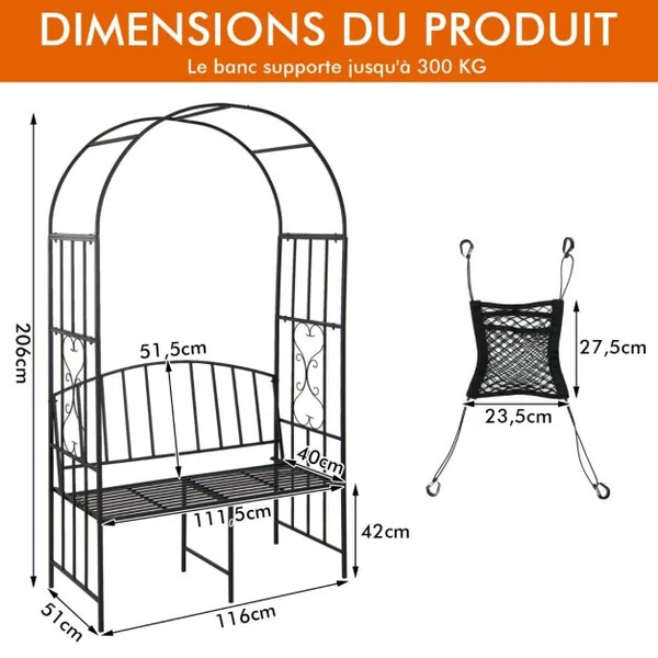 Arche de Jardin en Métal Banc 2 Places pour Plantes Grimpantes Décoration de Fête Tonnelle de Jardin Charge 300 KG