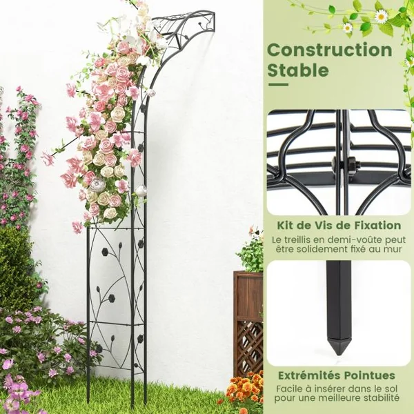 Arche de Jardin en Métal pour Plantes Grimpantes Treillis de Jardin en 2 Demi-arcs Extérieur 150x39x250CM Arche Décorative pour Fête Noir