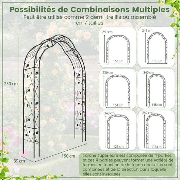 Arche de Jardin en Métal pour Plantes Grimpantes Treillis de Jardin en 2 Demi-arcs Extérieur 150x39x250CM Arche Décorative pour Fête Noir
