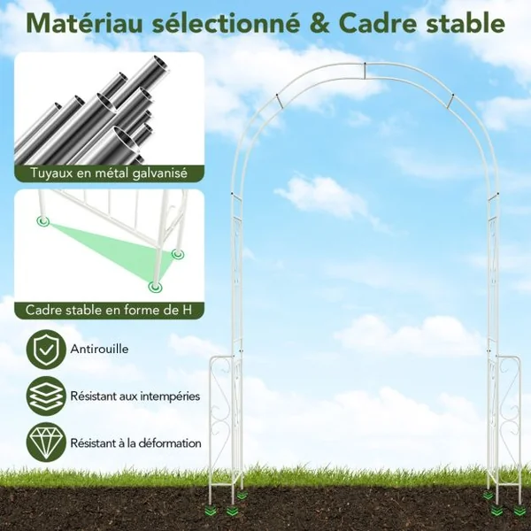 Arche de Jardin en Métal pour Plantes Grimpantes Treillis de Jardin en Arc avec 6 Pieds Extérieur 167x37x240CM Arche Décorative Blanc