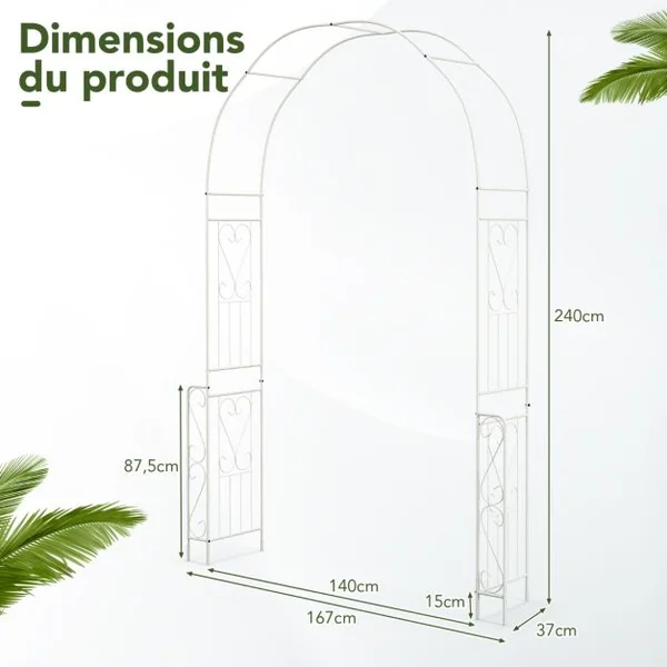 Arche de Jardin en Métal pour Plantes Grimpantes Treillis de Jardin en Arc avec 6 Pieds Extérieur 167x37x240CM Arche Décorative Blanc