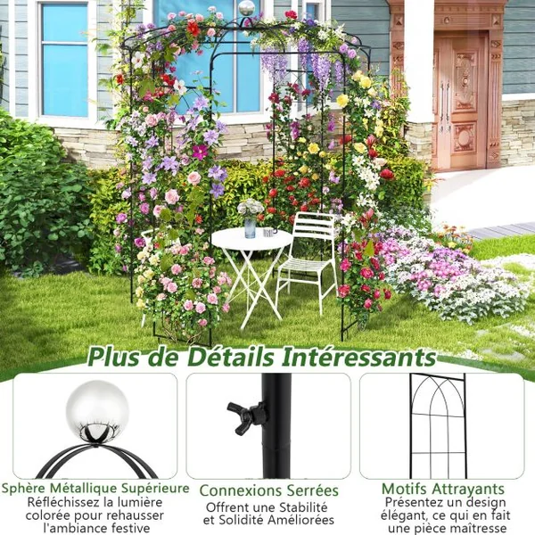 Arche de Jardin pour Plantes Grimpantes en Forme de Cage à Oiseaux Tonnelle de Fleurs en Métal 206x206x286CM avec Crochet de Suspension Noir