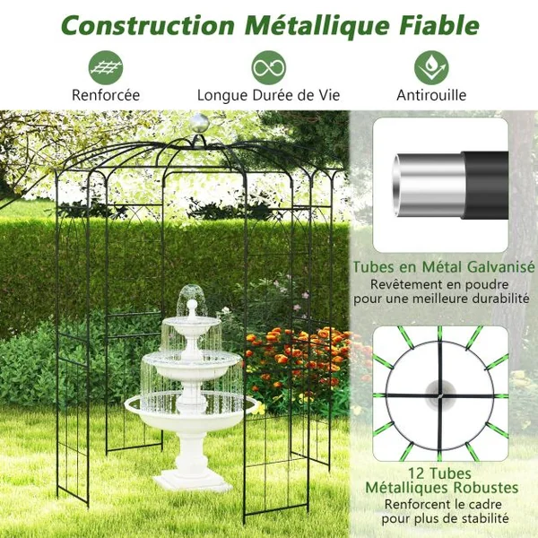 Arche de Jardin pour Plantes Grimpantes en Forme de Cage à Oiseaux Tonnelle de Fleurs en Métal 206x206x286CM avec Crochet de Suspension Noir