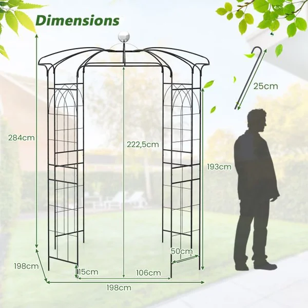 Arche de Jardin pour Plantes Grimpantes en Forme de Cage à Oiseaux Tonnelle de Fleurs en Métal 206x206x286CM avec Crochet de Suspension Noir