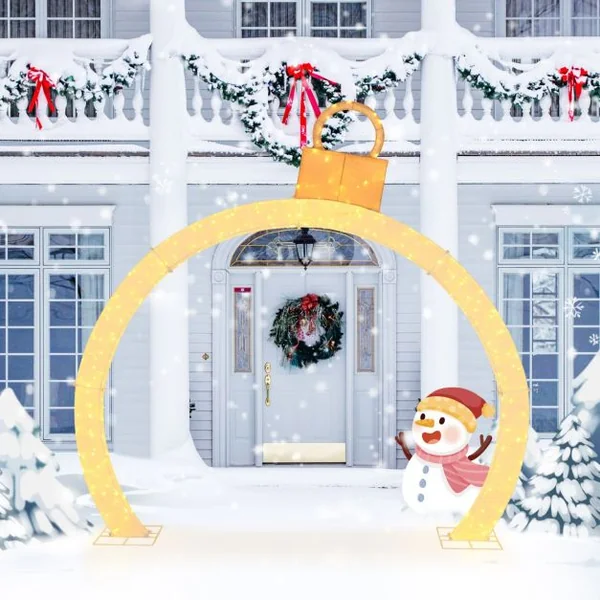 Arche de Noël Pré-éclairée de 314 cm Arche Lumineuse avec Capuchon Doré 300 Lumières LED Blanc Chaud Attaches Zippées et Piquets Inclus