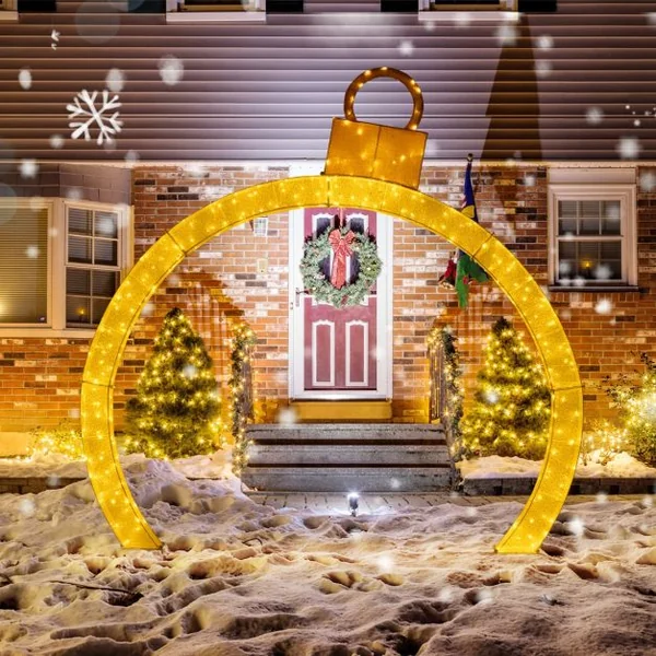 Arche de Noël Pré-éclairée de 314 cm Arche Lumineuse avec Capuchon Doré 300 Lumières LED Blanc Chaud Attaches Zippées et Piquets Inclus