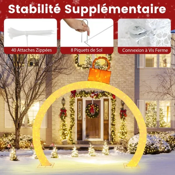 Arche de Noël Pré-éclairée de 314 cm Arche Lumineuse avec Capuchon Doré 300 Lumières LED Blanc Chaud Attaches Zippées et Piquets Inclus