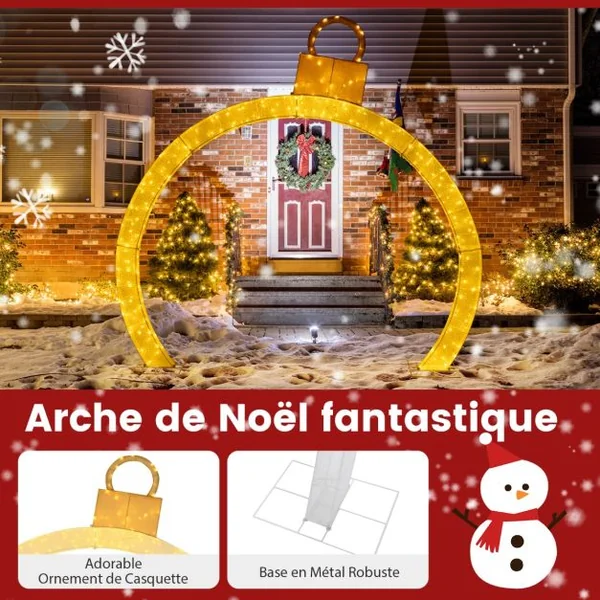 Arche de Noël Pré-éclairée de 314 cm Arche Lumineuse avec Capuchon Doré 300 Lumières LED Blanc Chaud Attaches Zippées et Piquets Inclus