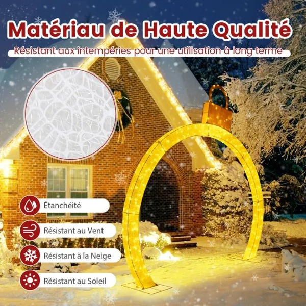 Arche de Noël Pré-éclairée de 314 cm Arche Lumineuse avec Capuchon Doré 300 Lumières LED Blanc Chaud Attaches Zippées et Piquets Inclus