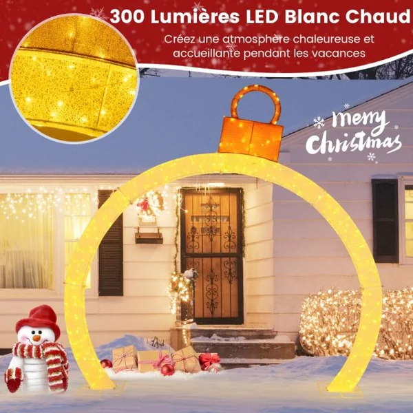Arche de Noël Pré-éclairée de 314 cm Arche Lumineuse avec Capuchon Doré 300 Lumières LED Blanc Chaud Attaches Zippées et Piquets Inclus