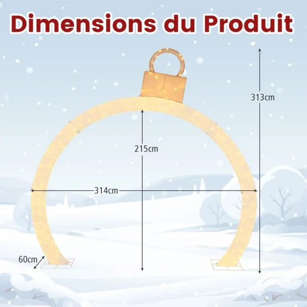 Arche de Noël Pré-éclairée de 314 cm Arche Lumineuse avec Capuchon Doré 300 Lumières LED Blanc Chaud Attaches Zippées et Piquets Inclus